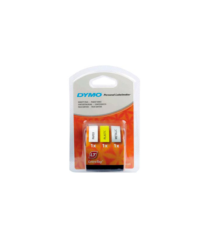 Dymo LetraTAG ruban 12 mm – set 3 ruban: 1 x papier blanc, 1 x plastique jaune et 1 x metallic argent